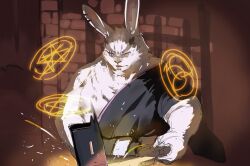 1boy absurdres animal_ears ao_gravity bara beard black_kimono blacksmith facial_hair forked_eyebrows furry furry_male hammer highres holding holding_hammer huge_eyebrows japanese_clothes kimono large_pectorals magic_circle male_focus mature_male muscular muscular_male old old_man pectorals rabbit_boy rabbit_ears scar scar_across_eye scar_on_face shangri-la_frontier solo thick_beard upper_body vysache_(shangri-la_frontier)