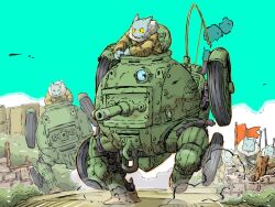 5boys blue_sky brick_wall cannon cat_boy dirt_road fur-trimmed_jacket fur_trim highres jacket mecha multiple_boys original road robot sky tank_turret tow_hook walker_(robot) wheel yabarn