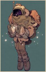 Rule 34 | 1other, backpack, bag, blue background, border, brown gloves, brown pants, brown shoes, covered face, fewer digits, full body, gloves, hatchling (outer wilds), helmet, highres, legs together, okajamira, outer wilds, pants, shoes, simple background, solo, space helmet, star (symbol), tube, white border