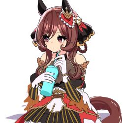 1girl animal_ears bare_shoulders bow braid breasts brown_hair drink gentildonna_(umamusume) gloves hair_bow hair_ornament highres holding holding_drink horse_ears horse_girl horse_tail large_breasts ne000000t red_eyes simple_background tail umamusume white_background