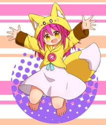 Rule 34 | 1girl, animal ears, barefoot, brown eyes, dress, fake animal ears, female focus, highres, hood, hoodie, jacket, jumping, long hair, nipeira, original, outstretched arms, purple hair, smile, solo, tail, yuzuwa-chan