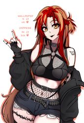 1girl absurdres alternate_costume asuna_(sao) bare_shoulders belt belt_collar black_gloves black_jacket black_lips breasts collar crop_top denim denim_shorts fishnets gloves goth_fashion highres jacket lipstick long_hair long_sleeves looking_at_viewer makeup medium_breasts midriff navel open_clothes open_jacket orange_eyes redpostit short_shorts shorts shoulder_tattoo simple_background smile solo sword_art_online tattoo thighhighs thighs upper_body white_background