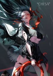 1girl absurdres arm_cutout black_hair black_shirt black_skirt breasts character_name chisa_(wuthering_waves) commentary corrupted_twitter_file crop_top crop_top_overhang floating_hair grey_background highres holding holding_sword holding_weapon large_breasts lewdlily66 long_sleeves neckerchief open_mouth red_eyes red_neckerchief sailor_collar shirt skirt solo sword underboob weapon white_nails white_sailor_collar wuthering_waves