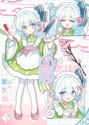 Rule 34 | + +, 1girl, :3, :d, apron, black ribbon, blush, closed eyes, closed mouth, dango, dress, food, frilled apron, frilled dress, frilled sleeves, frills, full body, green dress, grey hair, grid background, hair ribbon, hashtag-only commentary, highres, holding, holding food, konpaku youmu, long sleeves, looking at viewer, maid headdress, multiple views, okobo, open mouth, pantyhose, pink sandals, pink sash, platform sandals, puff of air, qr code, red eyes, ribbon, sandals, sash, sheath, shirocha tei, short hair, smile, spoken blush, standing, touhou, twitter username, wagashi, watermark, white apron, white pantyhose, wide sleeves