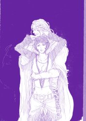 1boy 1girl bob_cut breasts cleavage cloak commentary_request couple cowboy_shot eyelashes glasses hug hug_from_behind jewelry long_hair long_sleeves mono_(caoton) necklace one_piece pearl_necklace purple_background shakuyaku_(one_piece) silvers_rayleigh simple_background
