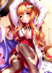 10s 1girl blush breasts brown_eyes brown_hair cleavage female_focus garter_straps hair_ornament idolmaster idolmaster_cinderella_girls long_hair monocle moroboshi_kirari name_tag pinstripe_pattern print_thighhighs shirt solo star_(symbol) star_hair_ornament star_print striped_clothes striped_thighhighs tears thighhighs torn_clothes torn_shirt torn_thighhighs vertical-striped_clothes vertical-striped_thighhighs wavy_hair zen