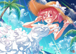 1girl adjusting_eyewear alternate_costume bare_shoulders bespectacled blue_sky bow bowtie bracelet bubble chauke choker cloud collarbone commentary_request cowboy_shot dress dutch_angle eyelashes frilled_armlet frilled_dress frilled_sleeves frills glasses hair_ribbon hat hat_bow jewelry kaname_madoka long_dress mahou_shoujo_madoka_magica mahou_shoujo_madoka_magica_(anime) ocean palm_tree pink_eyes pink_hair red-framed_eyewear red_ribbon ribbon short_hair short_twintails signature sky solo sparkle straw_hat summer sun_hat tareme tree twintails watermark white_bow white_bowtie white_choker white_dress yellow_hat
