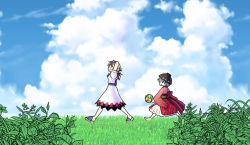 2girls arms_behind_head black_hair bow bowl closed_eyes cloud day dress grey_horns grin hat horns japanese_clothes kijin_seija kimono mallet multicolored_hair multiple_girls purple_hair red_hair satou_yuuki short_hair sky smile streaked_hair sukuna_shinmyoumaru touhou white_hair