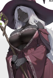1girl absurdres bare_shoulders black_skin black_tank_top breasts colored_eyelashes colored_skin commentary dark-skinned_female dark_skin dress dush_1154 elden_ring elden_ring_nightreign english_commentary from_below grey_eyes hat highres holding holding_staff large_breasts long_hair long_sleeves looking_at_viewer off-shoulder_dress off_shoulder purple_dress recluse_(elden_ring) simple_background solo staff tank_top very_dark_skin white_background white_eyelashes white_hair wide_sleeves witch witch_hat