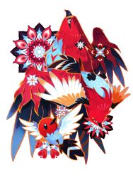 Rule 34 | absurdres, beak, black eyes, black feathers, black sclera, colored sclera, evolutionary line, feathers, fletchinder, fletchling, floral print, flower, gen 6 pokemon, highres, multicolored eyes, nintendo, no humans, orange eyes, orange feathers, ou331, outline, pokemon, pokemon (creature), pokemon focus, red feathers, red flower, simple background, talonflame, talons, white background, white feathers, wings, yellow eyes