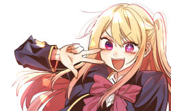 Rule 34 | 1girl, blonde hair, bow, bowtie, commentary request, fangs, hair between eyes, highres, hoshino ruby, korean commentary, long hair, long sleeves, looking at viewer, margare, mismatched pupils, multicolored hair, nail polish, one side up, open mouth, oshi no ko, pink eyes, red bow, red bowtie, red hair, red nails, school uniform, simple background, solo, star-shaped pupils, star (symbol), symbol-shaped pupils, upper body, w, white background, youtou high school uniform