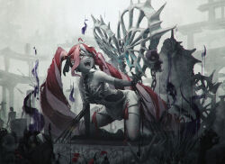 1girl absurdres chain colored_skin dress elbow_gloves fangs gloves graveyard grey_skin hair_ribbon heterochromia highres hololive hololive_indonesia kokono_ka kureiji_ollie kureiji_ollie_(rebirth) long_hair multicolored_hair official_alternate_costume open_mouth overcast patchwork_skin red_hair ribbon sky solo_focus stitched_face stitched_torso stitches streaked_hair tiara tombstone twintails udin_(kureiji_ollie) very_long_hair virtual_youtuber white_dress zombie