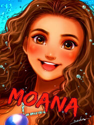1girl bare_shoulders black_hair brown_eyes brown_hair character_name curly_hair dark-skinned_female dark_skin jewelry long_hair looking_at_viewer moana_(movie) moana_waialiki necklace nyamunekonabe simple_background smile solo strapless upper_body