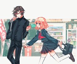 1boy 1girl bag blonde_hair blue_eyes brown_eyes brown_hair food glasses highres holding holding_bag holding_food holding_popsicle izuna_nobel medium_hair popsicle school_uniform servamp short_hair socks tsuyuki_shuuhei white_socks zurarueu
