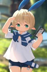 1girl aqua_eyes blonde_hair blue_sailor_collar blue_shorts blurry blurry_background closed_mouth commentary final_fantasy final_fantasy_xiv flat_chest highres holding lalafell pointy_ears sailor_collar sailor_shirt shelldy shirt shorts solo white_shirt