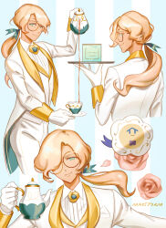 1boy absurdres androgynous arm_up artist_name blonde_hair blue_background bow brooch brown-framed_eyewear buttons closed_mouth collared_shirt commentary commentary_request cookie_run cookie_run:_ovenbreak cropped_legs cropped_torso cup earl_grey_cookie english_commentary flower from_behind glasses gloves gold_sleeve_cuffs gold_trim green_bow hair_bow hair_over_one_eye highres holding holding_plate holding_teapot holding_tray jacket jewelry lapels looking_at_viewer low_ponytail male_focus mayst0rm mixed-language_commentary multiple_views one_eye_covered open_clothes open_jacket pants pink_flower pink_rose plate ponytail portrait rose round_eyewear shirt simple_background sleeve_cuffs smile standing striped_background teacup teapot tray two-tone_background vest white_background white_gloves white_jacket white_pants white_shirt white_vest