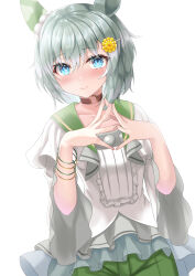 1girl absurdres animal_ears blue_eyes blush bracelet brown_choker choker closed_mouth commentary cowboy_shot ear_covers flower green_pants green_shirt hair_flower hair_ornament hairclip highres horse_ears horse_girl horse_tail horseshoe_ornament jewelry layered_clothes long_sleeves looking_at_viewer pants pants_rolled_up sailor_collar school_uniform seiun_sky_(umamusume) shirt short_hair simple_background single_ear_cover skirt smile solo steepled_fingers strap tail tsuyusora umamusume white_background