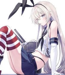Rule 34 | 1girl, anchor hair ornament, animal ear hairband, animal ears, arm support, black hairband, black neckerchief, black panties, blonde hair, blue sailor collar, blue skirt, blush, boots, commentary, cropped shirt, crossed bangs, elbow gloves, fake animal ears, from side, gloves, grey boots, grey eyes, hair between eyes, hair ornament, hairband, highleg, highleg panties, highres, kantai collection, knees up, long hair, long sidelocks, midriff, miniskirt, navel, neckerchief, open mouth, panties, rabbit ear hairband, rabbit ears, reclining, red thighhighs, rensouhou-chan, sailor collar, shadow, shikuro (iorimiyakiyo), shimakaze (kancolle), shirt, sidelocks, simple background, sitting, skirt, sleeveless, sleeveless shirt, solo, striped clothes, striped thighhighs, thighhighs, underwear, very long hair, white background, white gloves, white shirt, white thighhighs
