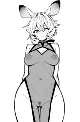 1girl alternate_costume animal_ears arknights arms_behind_back bare_shoulders blush breasts china_dress chinese_clothes cleavage cleavage_cutout closed_mouth clothing_cutout come_hither commentary_request cowboy_shot crossed_bangs dorothy_(arknights) dot_nose dress female_pubic_hair from_below greyscale groin hair_between_eyes hair_intakes highres large_breasts looking_at_viewer makigirisu medium_breasts monochrome navel nipples pubic_hair pussy see-through_clothes see-through_dress simple_background sleeveless sleeveless_dress smile solo standing white_background