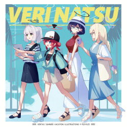4girls :d ahoge alternate_costume alternate_hairstyle aqua-framed_eyewear bag baseball_cap black-framed_eyewear black_shirt black_shoes blonde_hair blue_archive blue_dress blue_eyes blue_halo blue_shirt blue_skirt braid breasts brown_bag cellphone chihiro_(blue_archive) closed_eyes closed_mouth comiket_102 dress full_body glasses green_eyes grey_hair grey_shorts grin hair_bun hair_intakes halo hand_up hands_up hare_(blue_archive) hat highres holding holding_bag holding_phone holding_tablet_pc kotama_(blue_archive) large_breasts long_hair long_skirt maki_(blue_archive) makolas97 medium_hair medium_skirt multiple_girls open_clothes open_mouth open_shirt outdoors phone pointing ponytail purple_halo red_hair red_halo red_shirt sandals semi-rimless_eyewear shirt shoes shorts shoulder_bag skirt sleeveless sleeveless_shirt smartphone smile striped_clothes striped_shirt tablet_pc two-tone_shirt under-rim_eyewear veritas_(blue_archive) white_bag white_hat white_sandals white_shirt white_skirt wide_sleeves yellow_halo