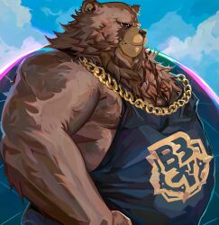 1boy absurdres animal_ears bara bear_boy bear_ears belly ben_bigger biceps black_tank_top blue_sky brown_fur chain chain_necklace cloud cloudy_sky commentary english_commentary facing_to_the_side fat fat_man furry furry_male highres jessebrart jewelry looking_to_the_side male_focus necklace obese sky tank_top zenless_zone_zero