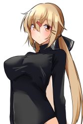 1girl black_bow black_shirt blush bow breasts brown_eyes brown_hair closed_mouth hair_between_eyes hair_bow highres kantai_collection komb large_breasts long_hair long_sleeves low_twintails shirt simple_background solo tashkent_(kancolle) twintails upper_body white_background