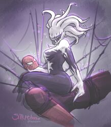 1boy 1girl artist_name black_bodysuit black_cat_(marvel) blue_bodysuit bodysuit bound breasts bulge claws commentary cropped_legs english_commentary erection erection_under_clothes felicia_hardy groping hand_on_another&#039;s_chin handjob handjob_over_clothes heart marvel medium_breasts monster_girl monsterification multicolored_bodysuit no_eyes on_person patreon_username red_bodysuit sharp_teeth silk sitting sitting_on_person sketch smutbase spider-man spider-man:_web_of_shadows spider-man_(series) spider_web superhero_costume sweat symbiote teeth tentacle_hair two-tone_bodysuit white_bodysuit
