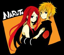 1boy 1girl anzu_(o6v6o) black_dress black_jacket blonde_hair commentary_request copyright_name dress from_side hair_ornament hairpin hetero hug jacket long_hair looking_at_viewer namikaze_minato naruto naruto_(series) pinafore_dress red_hair shirt sleeveless sleeveless_dress sleeveless_shirt smile spiked_hair spiral upper_body uzumaki_kushina white_shirt