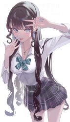 1girl black_hair black_skirt blue_eyes blue_jacket blunt_bangs blush bow breasts cellphone cleavage collarbone collared_shirt cross cross_necklace cross_piercing ear_piercing fingernails green_bow highres jacket jewelry large_breasts long_fingernails long_hair long_sleeves looking_at_viewer necklace original phone piercing pleated_skirt purple_nails school_uniform shirt sidelocks simple_background skirt smartphone solo tongue tongue_out tongue_piercing v white_background white_shirt yayoi_(yay0ee)
