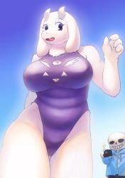 1boy 1girl absurdres black_eyes camera cloud furry goat highres open_mouth sans_(undertale) skeleton smile swimsuit toriel undertale yamane512