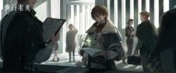 Rule 34 | 2girls, 2others, 3boys, backlighting, belt pouch, brown hair, clipboard, coat, copyright name, counter, earrings, grey coat, hair between eyes, hand up, highres, holding, holding clipboard, holding paper, holding pen, indoors, jewelry, light particles, logo, long hair, looking ahead, looking at another, low ponytail, male focus, multiple boys, multiple girls, multiple others, name day (reverse:1999), official art, open mouth, paper, pen, people, pillar, ponytail, pouch, purple eyes, reverse:1999, single earring, solo focus, sweater, tooth earrings, upper body, white sweater