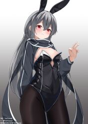 1girl absurdres alternate_costume animal_ears black_pantyhose blush duel_monster fake_animal_ears grey_hair highleg highleg_leotard highres leotard long_hair long_sleeves pantyhose playboy_bunny rabbit_ears red_eyes scarf sky_striker_ace_-_roze strapless strapless_leotard tokiyanagi twintails v yu-gi-oh!