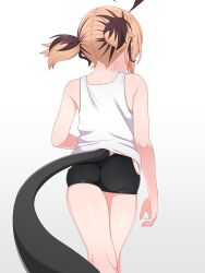Rule 34 | 1girl, absurdres, ahoge, alternate costume, ass, back, bare shoulders, black shorts, black tail, blonde hair, brown hair, clothing cutout, commentary, cowboy shot, facing away, from behind, gigi murin, highres, hip vent, hololive, hololive english, huge ahoge, kneepits, mingkozus, multicolored hair, shirt, short hair, short shorts, shorts, simple background, sleeveless, sleeveless shirt, solo, tank top, tight clothes, two-tone hair, virtual youtuber, white background, white shirt