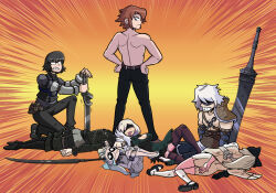 2b_(nier:automata) action_lines angry armor bandaged_leg bandages belt black_dress black_eyes black_hair blue_eyes blush bow brown_hair caim_(drag-on_dragoon) chain commission commissioner_upload damaged detached_sleeves drag-on_dragoon drag-on_dragoon_1 drag-on_dragoon_2 drag-on_dragoon_3 dress facing_away family_guy_death_pose_(meme) fio_(nier) frown greatsword hair_bow hair_ornament highres kevin_arthur kneeling long_hair looking_back low_twintails lying mole nier nier:automata nier_(brother) nier_(father) nier_(series) nier_reincarnation non-web_source nowe on_back on_stomach orange_background panties pants ponytail shoes short_hair shoulder_pads simple_background socks sword tears tongue tongue_out topless_male torn_clothes twintails underwear weapon white_dress white_hair zero_(drag-on_dragoon)