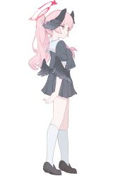 1girl absurdres black_shirt black_skirt black_wings blue_archive closed_mouth commentary_request dot_mouth feathered_wings from_side full_body halo head_wings highres hrna kneehighs koharu_(blue_archive) loafers long_hair low_wings neckerchief pink_eyes pink_hair pink_neckerchief ponytail shirt shoes short_sleeves simple_background skirt snail snail_on_head socks solo white_background white_socks wings