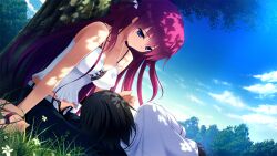1boy 1girl bare_shoulders belt black_hair black_pants blue_eyes breasts camisole cleavage closed_mouth cloud collarbone covered_erect_nipples day dutch_angle fumio_(ura_fmo) game_cg grisaia_(series) grisaia_no_meikyuu hair_rings kazami_yuuji lap_pillow large_breasts long_hair looking_at_another looking_down lying mihama_private_academy_school_uniform non-web_source on_grass on_side open_fly outdoors pants red_hair red_sandals sandals school_uniform shade shirt short_hair sitting sky smile suou_amane tree under_tree wariza white_belt white_camisole white_shirt