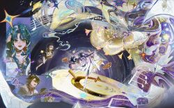 Rule 34 | 1boy, 4girls, :d, astronaut, beamed eighth notes, blonde hair, blue eyes, blue hair, bow (music), brown hair, coat, dark background, dress, en pointe, floating, flower, green eyes, grey coat, grey dress, gudok, hand on headset, hand up, headset, helmet, highres, hissabeth, holding, holding bow (music), holding instrument, holding star, instrument, jacket, juliet sleeves, kiperina, kokoshnik, long hair, long sleeves, looking at another, multiple girls, musical note, name day (reverse:1999), official alternate costume, open mouth, pantyhose, phonograph, pointer (reverse:1999), puffy sleeves, purple eyes, purple flower, red pupils, reverse:1999, smile, snake, snake on head, space helmet, spacesuit, sparkle, standing, standing on one leg, star (symbol), syta, very long hair, voyager (choir of the stars) (reverse:1999), voyager (reverse:1999), voyager golden record, white dress, white jacket, white pantyhose, wide shot, wide sleeves, yellow eyes