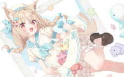 1girl :d animal_ear_fluff animal_ears beret black_bow black_shoes bloomers blue_bow blue_neckerchief blue_sailor_collar blush bobby_socks bow braid brown_hair commentary commission dress hair_between_eyes hair_bow hat highres kani_biimu long_hair looking_at_viewer low_twintails mismatched_pupils neckerchief open_mouth original puffy_short_sleeves puffy_sleeves red_eyes sailor_collar sailor_dress shoes short_sleeves skeb_commission skirt_basket smile socks solo standing standing_on_one_leg star-shaped_pupils star_(symbol) symbol-shaped_pupils twin_braids twintails underwear watermark white_background white_bloomers white_dress white_hat white_socks