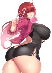 1girl ass aster_crowley breasts bursting_ass butt_crack cleavage cleavage_cutout clothes_lift clothing_cutout curvy dress female_focus fishnets fluffy from_behind heart huge_ass huge_breasts jacket large_breasts long_hair looking_at_viewer looking_back pale_skin ponytail red_hair shermie_(kof) shiny_clothes shiny_skin skirt skirt_lift smile smiley_face standing the_king_of_fighters thick_thighs thighs upskirt wide_hips