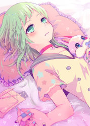 1girl bandaged_fingers bandages bed blush choker cutting_hair green_eyes green_hair gumi highres holding holding_pill holding_stuffed_toy long_hair lying nail_polish on_back parted_lips pill pillow school_uniform scissors serafuku shiki_hinako short_bangs short_sleeves solo star_(symbol) star_in_eye star_print stuffed_animal stuffed_rabbit stuffed_toy symbol_in_eye vocaloid