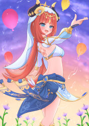 Rule 34 | 1girl, :d, absurdres, aqua eyes, back tattoo, balloon, blue skirt, blush, breasts, circlet, commentary, cowboy shot, crop top, fake horns, fingernails, flower, foot out of frame, from side, genshin impact, gold trim, highres, horns, hydro symbol (genshin impact), hydrokinesis, long hair, long sleeves, looking at viewer, looking to the side, medium breasts, nilou (genshin impact), open mouth, outstretched arm, padisarah flower, parted bangs, puffy long sleeves, puffy sleeves, purple flower, red hair, revision, skirt, smile, solo, take (take96254), tattoo, veil, very long hair, vision (genshin impact), water, white veil