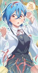 1girl absurdres aqua_background blue_hair breasts collared_shirt commentary cowboy_shot crossed_bangs dress dress_shirt earrings grey_dress hair_between_eyes happy_birthday highres jewelry lab_coat love_live! love_live!_superstar!! medium_breasts neck_ribbon noshiro_tomoya open_mouth orange_eyes party_popper pinafore_dress red_ribbon ribbon school_uniform shirt sleeveless sleeveless_dress solo streamers stud_earrings surprised wakana_shiki white_shirt wide-eyed yuigaoka_school_uniform