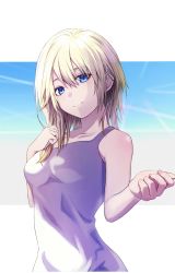 1girl bare_shoulders blonde_hair blue_eyes breasts closed_mouth collarbone commentary_request dande_cat dress fingernails hair_between_eyes highres kingdom_hearts kingdom_hearts:_chain_of_memories kingdom_hearts_ii long_hair looking_at_viewer medium_breasts nail_polish namine pink_nails sleeveless sleeveless_dress smile solo white_dress
