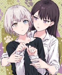 2girls bang_dream! bang_dream!_it&#039;s_mygo!!!!! black_hair black_shirt blue_eyes bullfalk closed_mouth commentary earrings heterochromia highres holding_another&#039;s_arm jacket jewelry kaname_raana layered_sleeves long_hair long_sleeves mole mole_under_eye multicolored_hair multiple_girls open_mouth paw_print paw_print_background purple_eyes roots_(hair) shiina_taki shirt short_hair short_over_long_sleeves short_sleeves single_earring symbol-only_commentary white_hair white_jacket white_shirt yellow_eyes