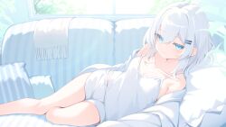 Rule 34 | 1girl, blue eyes, breasts, camisole, closed mouth, collarbone, commentary request, couch, hair between eyes, looking at viewer, lying, on couch, on side, original, otokuyou, pillow, ringo-chan (otokuyou), shorts, small breasts, smile, solo, thighs, white camisole, white hair, white shorts, window