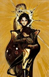 1boy 1girl absurdres armor black_dress black_hair blending blue_eyes blue_sclera celestial_fang colored_sclera dress dune_(series) eyes_of_ibad halo halo_behind_head highres male_focus nose_tube paul_atreides pauldrons sand sandworm short_hair shoulder_armor worm yellow_background