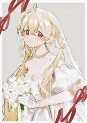 Rule 34 | 1girl, ahoge, alternate costume, bare shoulders, blonde hair, bouquet, bow, breasts, bridal veil, cleavage, detached hair, dress, facial mark, flower, gloves, hair between eyes, hair bun, highres, holding, holding bouquet, jewelry, long hair, necklace, nidanzyukucurry, red bow, red eyes, reject (esports), simple background, star-shaped pupils, star (symbol), symbol-shaped pupils, tooko (vtuber), twintails, upper body, veil, virtual youtuber, wedding dress