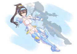 1girl absurdres asura_archer blush boots breasts brown_eyes brown_hair clothing_cutout elbow_gloves full_body gloves hairband highres large_breasts leotard long_hair mecha_musume megami_device navel ponytail ryuseiryui smile solo thighhighs variant_set white_gloves white_leotard