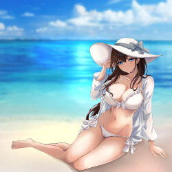 absurdres beach bikini black_hair blue_eyes blue_sky breasts cleavage cloud day frilled_bikini frills hat highres horizon large_breasts long_hair ocean open_clothes open_shirt original outdoors shirt side-tie_bikini_bottom sitting sky sun_hat swimsuit white_bikini white_hat white_shirt yokozuwari zone25388591