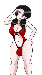 1futa absurdres black_hair blue_eyes breasts bulge diabolussex dragon_ball dragonball_z futanari highres large_breasts large_penis large_testicles long_hair futa_without_pussy one-piece_swimsuit one_eye_closed penis red_one-piece_swimsuit simple_background solo swimsuit testicles twintails videl white_background